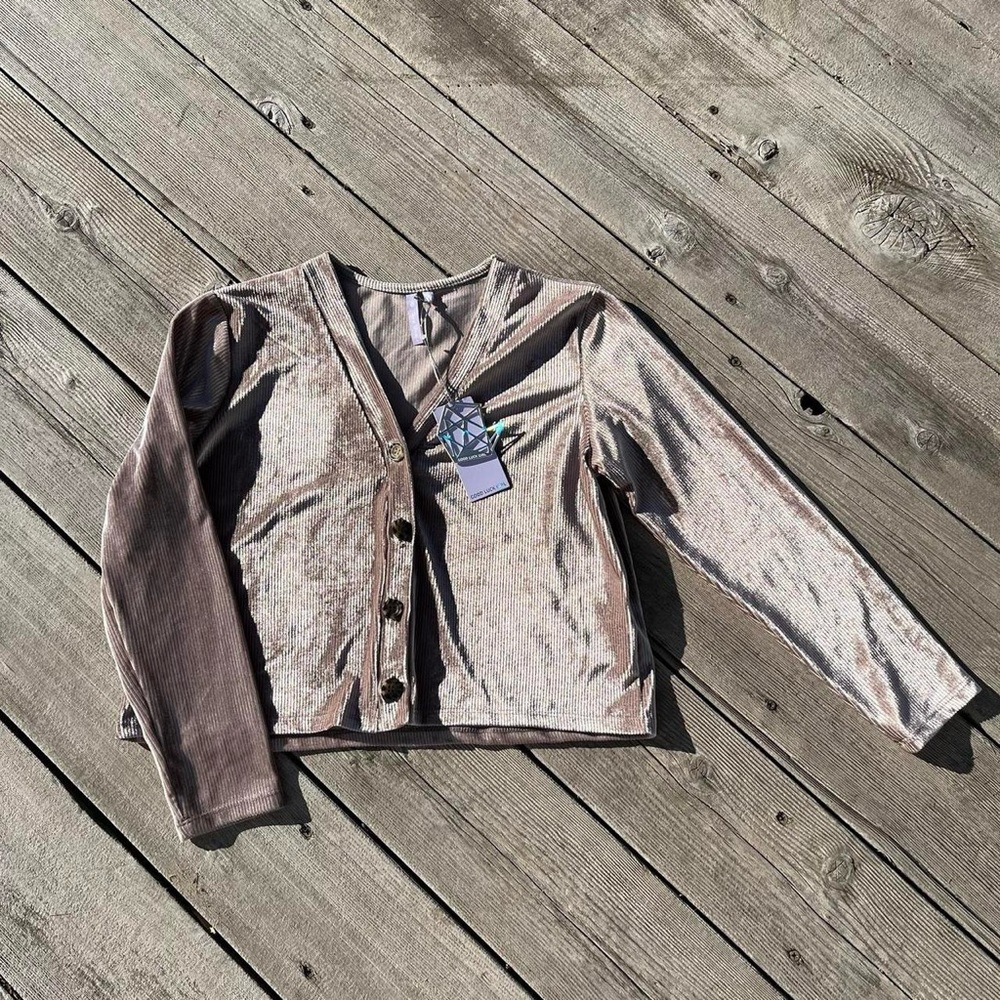 Good Luck Girl champagne colored ribbed velvet button up top